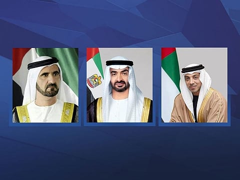Sheikh Mohammed bin Rashid Al Maktoum (L), Sheikh Mohamed bin Zayed Al Nahyan (C) and Sheikh Mansour bin Zayed Al Nahyan (R).