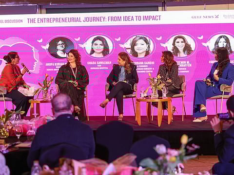 Panel discussion - The Entrepreneurial Journey: From Idea to Impact
Moderator Anupa Kurian Murshed, Senior Digital Planning Editor, Gulf News, Ghada Sawalmah, CEO, Gargash Hospital, Dr. Vandana Gandhi, CEO & Founder, British Orchard Nursery. Rosemin M.Ophenhaffen, Founder, RR & Company, Omnia, Abd Elmoaty, CXO & Co-founder, Kinetics Dubai. Photo: Virendra Saklani/Gulf News