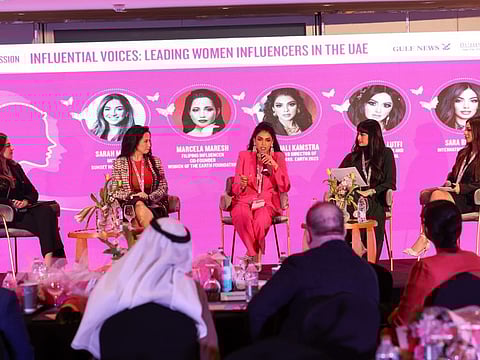 Panel discussion - Influential Voices: Leading Women Influencers in the UAE
Moderator Sarah Madanat, Marcela Maresh, Co-Founder, Woman of the Earth Foundation, Debanjali Kamstra, Founder and Director, Veloche Interiors and Exhibition, Dr. Mahra Lutfi, Emirati influencer and Sara Bendida, International Influencer. Photo: Virendra Saklani/Gulf News
