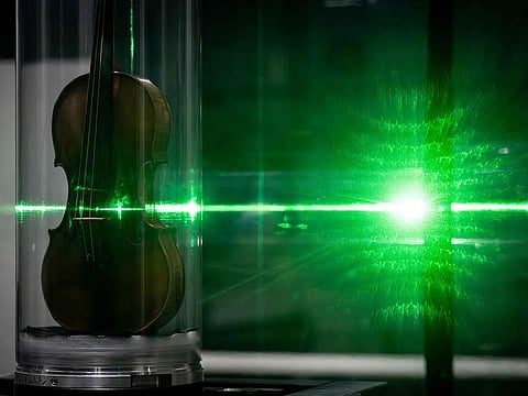 The world's most famous violin, "Il Cannone", made in 1743 and played by the great virtuoso Niccolo Paganini, being examined by a synchrotron during a non-destructive X-ray analysis carried out by ESRF scientists