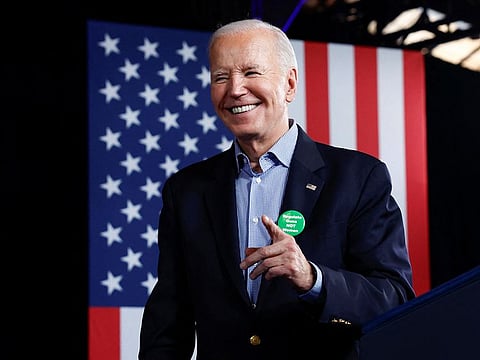 U.S. President Joe Biden reacts during a campaign event at Pullman Yards in Atlanta, Georgia, US