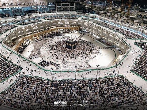 Grand Mosque packed with worshippers performing the voluntary nightly prayers Taraweeh in Ramadan on Monday.