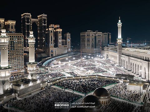 Grand Mosque packed with worshippers performing the voluntary nightly prayers Taraweeh in Ramadan on Monday.