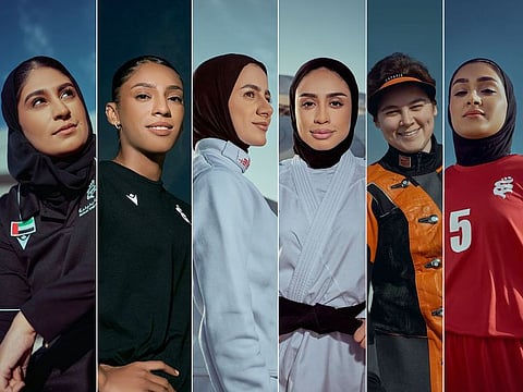 Top female Emirati athletes (from left): Noora Hassan Al Mazmi, Fatima Al Blushi, Fajr Al Marzouqi, Houra Al Ajmi, Yasmin Tahlak and Rawda Al Rowbari.