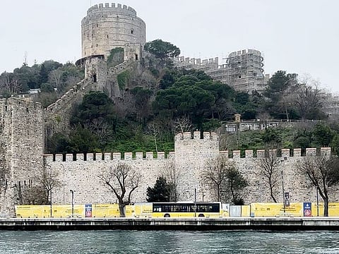 Rumeli Fortress, dating to 1452, at the narrowest point (600 metres) of the Bosphorus Strait. It helped restrict the passage of ships and played a vital role in the Ottoman siege of Constantinople (Istanbul) in 1453.