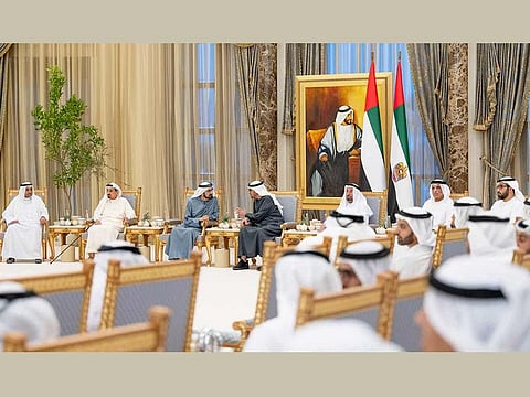UAE President His Highness Sheikh Mohamed bin Zayed Al Nahyan (4th right), speaks with His Highness Sheikh Mohammed bin Rashid Al Maktoum, UAE Vice President, Prime Minister and Ruler of Dubai (5th right) during an iftar reception, at Qasr Al Watan. Also seen are: Sheikh Rashid bin Saud bin Rashid Al Mu'alla, Crown Prince of Umm Al Quwain (right), His Highness Sheikh Saud bin Saqr Al Qasimi, UAE Supreme Council Member and Ruler of Ras Al Khaimah (2nd right), His Highness Sheikh Dr Sultan bin Mohamed Al Qasimi, UAE Supreme Council Member and Ruler of Sharjah (3rd right), His Highness Sheikh Humaid bin Rashid Al Nuaimi, UAE Supreme Council Member and Ruler of Ajman (6th right) and His Highness Sheikh Hamad bin Mohamed Al Sharqi, UAE Supreme Council Member and Ruler of Fujairah (left).