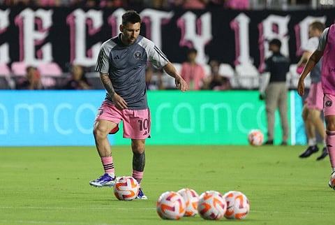 Inter Miami's Argentine forward Lionel Messi warms up before the round of 16 of the Concacaf Champions Cup football match against Nashville SC at Chase Stadium in Fort Lauderdale, Florida, on Wednesday.