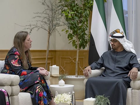 UAE President His Highness Sheikh Mohamed bin Zayed Al Nahyan with Erin Gore, Chief Executive Officer of World Central Kitchen in Abu Dhabi on Saturday.