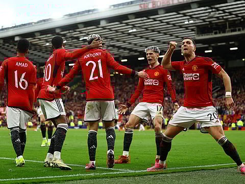 Manchester United's Antony celebrates scoring their second goal with Amad Diallo, Marcus Rashford, Alejandro Garnacho and Diogo Dalot during a FA Cup quarter-final at Old Trafford, Manchester, Britain on Sunday.