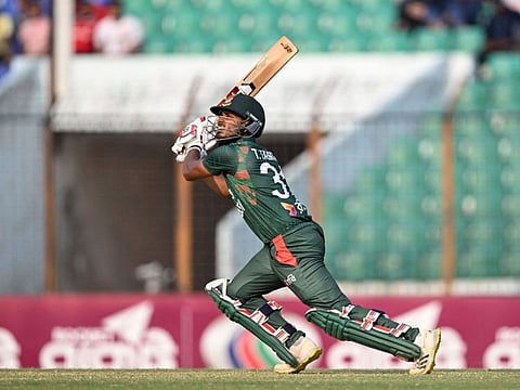Bangladesh's Tanzid Hasan takes the aggressive route during the third and last ODI cricket match against Sri Lanka at the Zahur Ahmed Chowdhury Stadium in Chittagong on Monday.