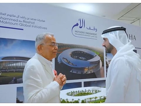 Sheikh Hamdan, Crown Prince of Dubai and Chairman of the Dubai Executive Council, with Sobha Realty founder PNC Menon, during the announcement of the contribution.