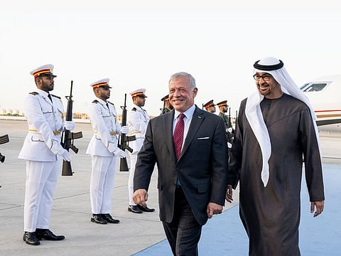 UAE President His Highness Sheikh Mohamed bin Zayed Al Nahyan with His Majesty King Abdullah II bin Al-Hussein of the Hashemite Kingdom of Jordan in ABu Dhabi on Thursday.