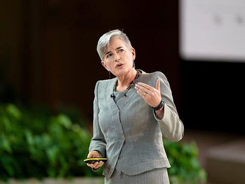 Dr Catherine Mohr, President of the Intuitive Foundation (C), delivers a lecture titled: “Charting New Paths In Healthcare Technology”, at Majlis Mohamed bin Zayed.