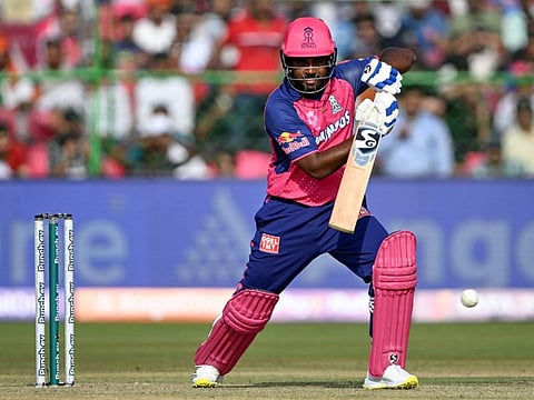 Rajasthan Royals' captain Sanju Samson in action during the Indian Premier League cricket match against Lucknow Super Giants at the Sawai Mansingh Stadium in Jaipur on Sunday.