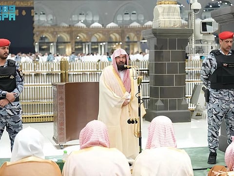 Prominent Saudi scholar Abdulrahman Al Sudais gives a sermon at the Grand Mosque in Mecca.