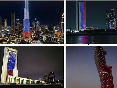 UAE landmarks take on the colours of the Russian flag on Saturday evening.