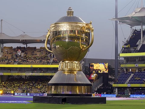 A replica of the trophy during the opening ceremony of Indian Premier League 2024 at Chepauk on Friday. The MA Chidambaram Stadium will be hosting the Qualifier 2 and the final in May.