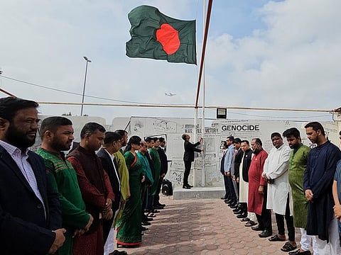 Consul General of Bangladesh BM Jamal Hossain raises Bangladesh’s National Flag at the Bangladesh Consulate in Dubai, flanked by government officials and community leaders, on the occasion of Bangladesh’s Independence and National Day