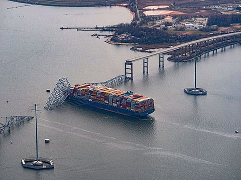 A view of the Dali cargo vessel which crashed into the Francis Scott Key Bridge causing it to collapse in Baltimore, Maryland.