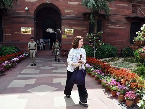 Acting Deputy Chief of Mission of the US Gloria Berbena leaves South Block in New Delhi on Wednesday after being summoned by Ministry of External Affairs over US State Department remarks on Delhi Chief Minister Arvind Kejriwal's arrest.