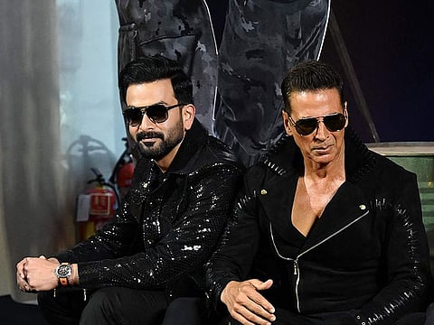 Bollywood actors Prithviraj Sukumaran and Akshay Kumar pose for a picture during the trailer launch of his upcoming Hindi-language action-thriller film ‘Bade Miyan Chote Miyan’ in Mumbai on March 26, 2024.