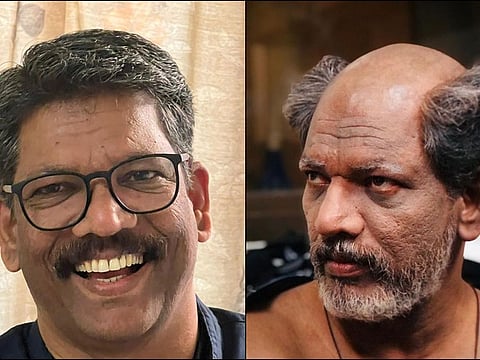 Uravu Baburaj (left) and as Ittychan in the play Bhoothangal (right)