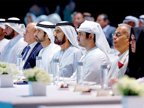 Sheikh Mohammed, Sheikh Hamdan and Sheikh Maktoum during a ceremony held at Dubai Opera on Thursday evening to announce MBRGI’s Year in Review report and honour philanthropists.