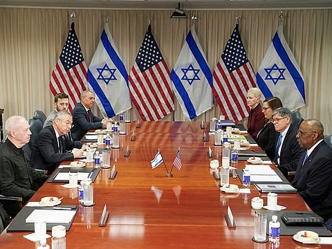 US Secretary of Defense Lloyd Austin meets with Israeli Defense Minister Yoav Gallant at the Pentagon in Washington, on March 26, 2024.