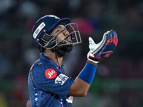 Lucknow Super Giants' Nicholas Pooran celebrates after scoring a half-century during the Indian Premier League match against Rajasthan Royals.