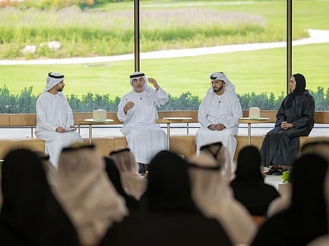 Dr Hamdan Al Mazrouei, Chairman of the Board of the UAE Red Crescent (2nd L), Ali Al Mutawa, Secretary General of the Endowment and Minors’ Trust Foundation (3rd L), and Hessa Tahlak, Assistant Undersecretary for Social Development Sector at the Ministry of Community Development (4th L), participate in a lecture titled, “The UAE’s Humanitarian Legacy”, at Majlis Mohamed bin Zayed.
