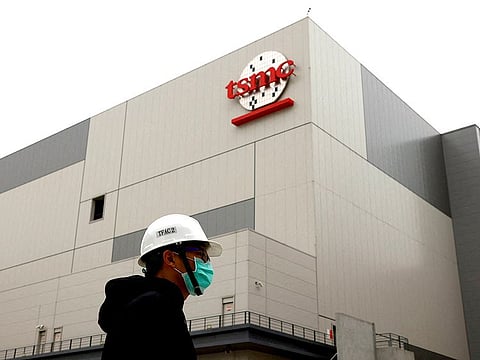 A logo of chip giant TSMC is seen at southern Taiwan science park.