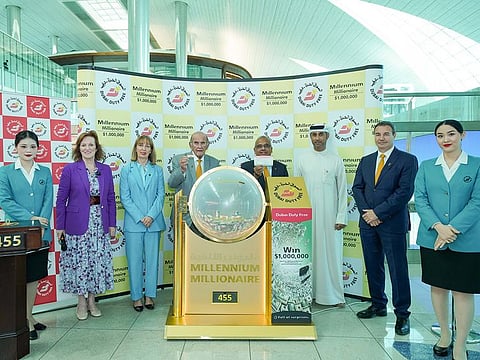 DDF representatives with the winning million dollar ticket at the draw on Wednesday at Dubai International Airport
