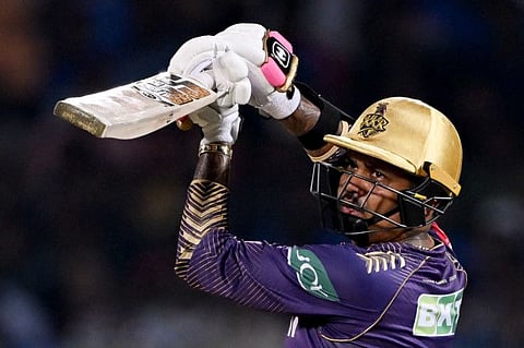 Kolkata Knight Riders' Sunil Narine plays a shot during the IPL match against Delhi Capitals on Wednesday.