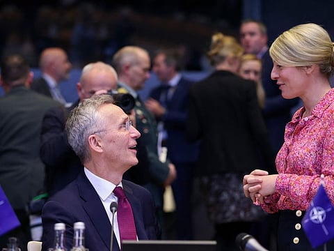 Nato Secretary General Jens Stoltenberg speaks with Canada's Foreign Minister Melanie Joly prior to a meeting of the North Atlantic Council with Indo-Pacific partners at the Nato Headquarters in Brussels on April 4, 2024.
