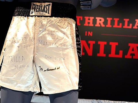 Muhammad Ali’s trunks worn during the 1975 legendary match against Joe Frazier, ‘The Thrilla in Manila’ are on display during 'Sports Week' auctions at Sotheby's in New York City.