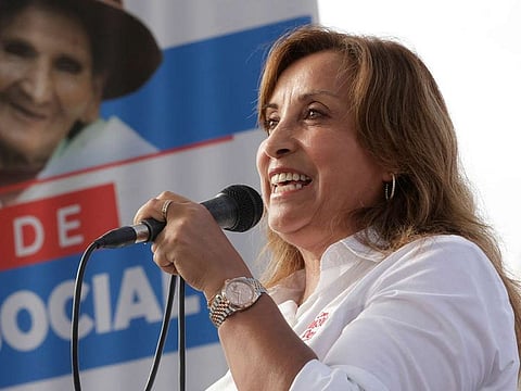Peru's President Dina Boluarte, who is facing an enquiry into possible illicit enrichment and failure to declare ownership of luxury watches, addresses the audience during an assistance program for the elderly, in Lima, Peru February 22, 2024.
