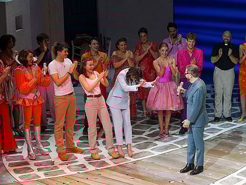 Bjorn Ulvaeus speaks during the curtain call for Mamma Mia, as the musical celebrates 25 years, at the Novello Theatre in London, Britain, April 6, 2024.