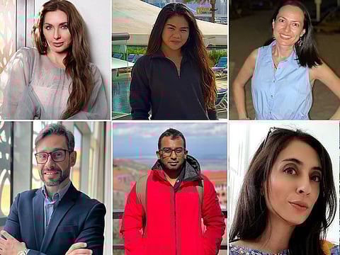 UAE residents, clockwise from top, Anastasia Olimska, Michelle Oribello, Nela De Con, Eram Shehzadi Khan, Jay Ashar and Hugo Alexandre Farinha Guedelha.