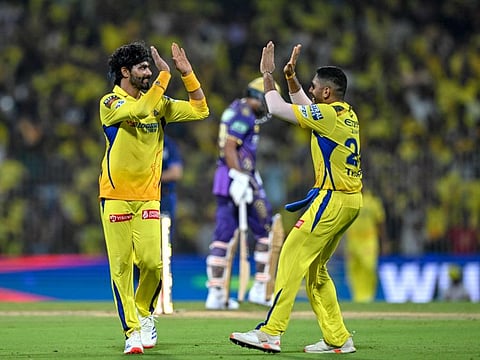 Chennai Super Kings' Ravindra Jadeja celebrates the wicket of Kolkata Knight Riders' Venkatesh Iyer during the IPL match at the MA Chidambaram Stadium in Chennai on Monday.