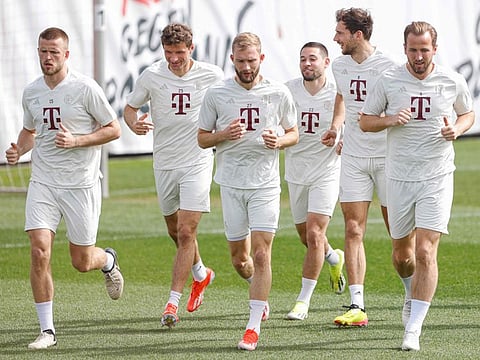 Bayern Munich's team attends a training session in Munich on Monday, prior to the Uefa Champions League quarter-final first leg match against Arsenal.