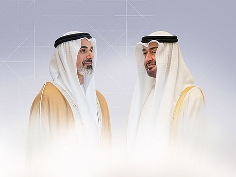 (R) President His Highness Sheikh Mohamed bin Zayed Al Nahyan and Sheikh Khaled bin Mohamed bin Zayed Al Nahyan, Crown Prince of Abu Dhabi and Chairman of the Abu Dhabi Executive Council