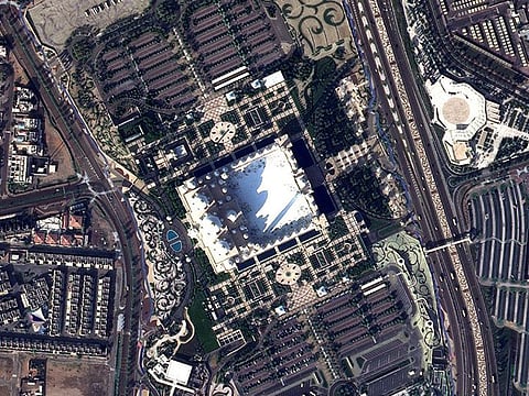 An image showing the Sheikh Zayed Grand Mosque in Abu Dhabi as viewed from space by KhalifaSat. The Mohammed Bin Rashid Space Centre (MBRSC) in Dubai has shared images captured from space by KhalifaSat, showcasing the architectural splendour of some of the biggest mosques across the UAE.