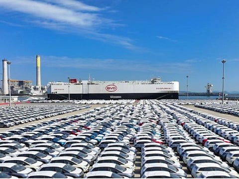 Car carrier vessel "BYD Explorer No.1” arrives at Xiaomo International Logistics Port in Shenzhen, south China's Guangdong Province, on January 14, 2024. The vehicle carrier, leased to Chinese automaker BYD, its maiden voyage ceremony at a port in Shenzhen, south China's Guangdong Province.