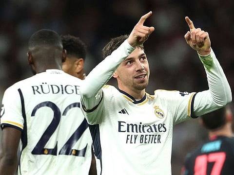 Real Madrid's Federico Valverde celebrates after scoring his team's third goal during the UEFA Champions League quarter-finals first leg against Manchester City on Tuesday.