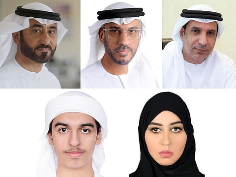 Clockwise (from top left): Adel Al Rashed, Ibrahim Al Thehli, Mohammed Al-Taniji, Fatima Al Neyadi, Saif Al Hammadi.