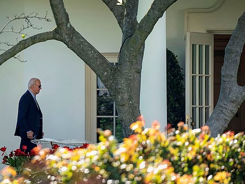 US President Joe Biden walks to the Oval Office at the White House in Washington. The president returned to the White House from Wilmington, Delaware to consult with his national security team after Iran said it launched dozens of attack drones at Israel earlier in the evening.