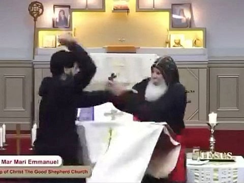 A man attacking Bishop Mar Mari Emmanuel during a church service at Christ The Good Shepherd Church in Wakeley, Sydney, on April 15, 2024.