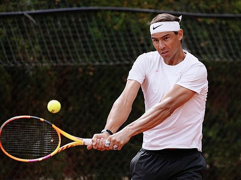 Spain's Rafael Nadal plays a backhand return during a training on the eve of his match during the ATP Barcelona Open on Monday.