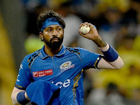 Mumbai Indians captain Hardik Pandya in action against the Chennai Super Kings in the Indian Premier League match in Mumbai on April 14, 2024. Pandya must overcome the disappointment over the loss to lead Mumbai to a place in the last four.
