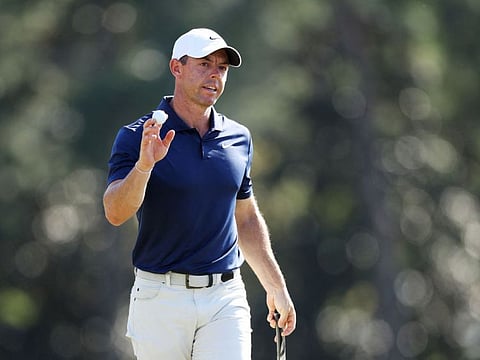 Rory McIlroy of Northern Ireland reacts after making par on the 18th green during the final round of the 2024 Masters Tournament at Augusta National Golf Club on April 14.
